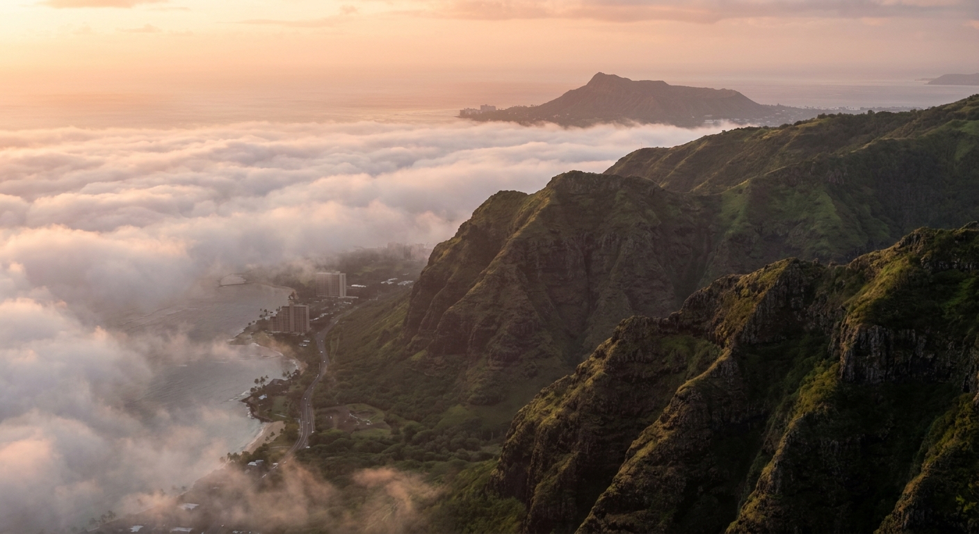 A volcanic crater landscape above the clouds at sunrise