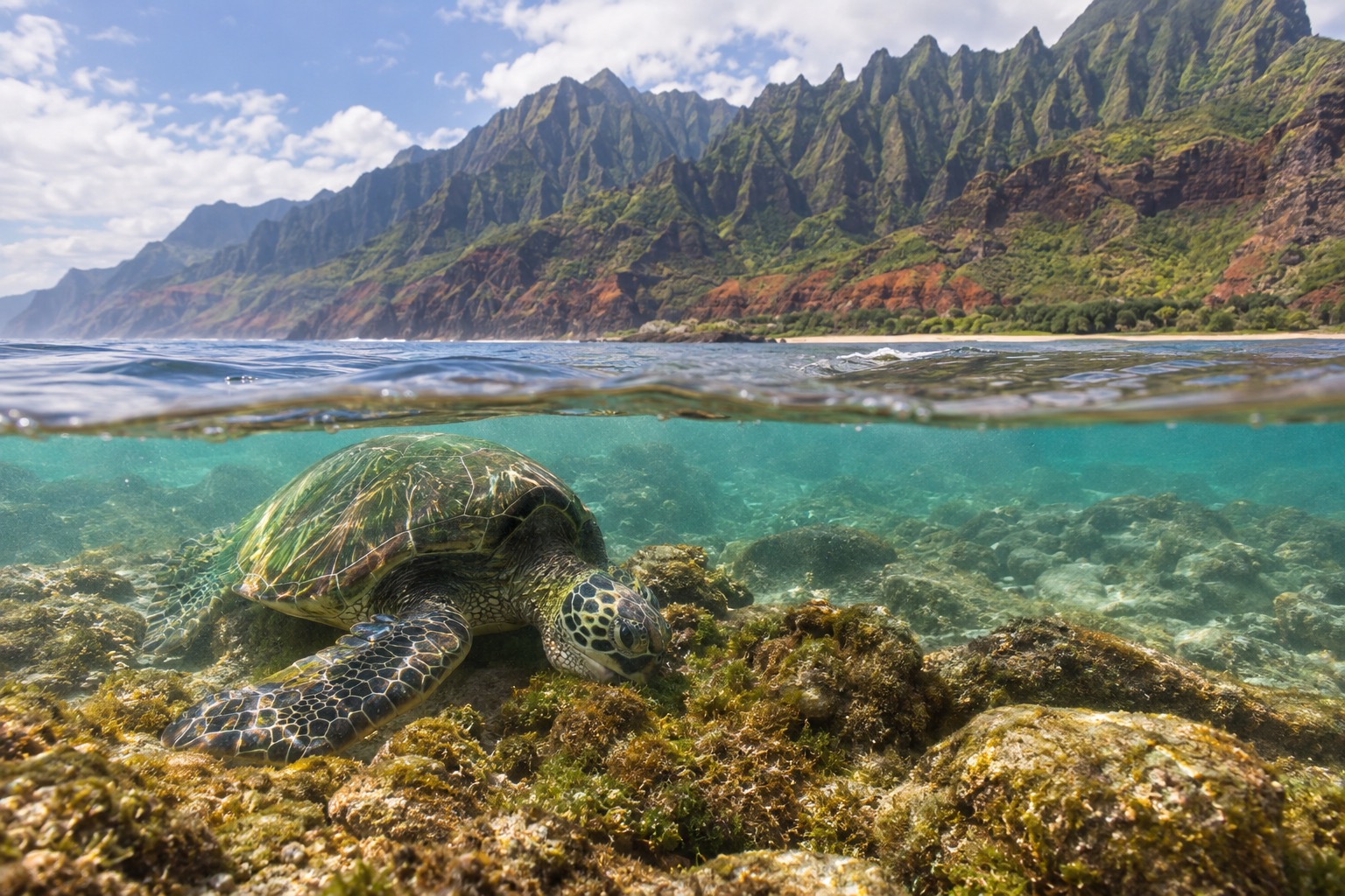 A green sea turtle grazing on a shallow reef near a rocky Kauai shoreline