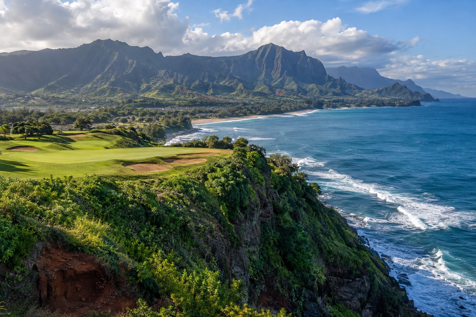 Cliffside golf course and ocean bluffs above a bay in Princeville, Kauai