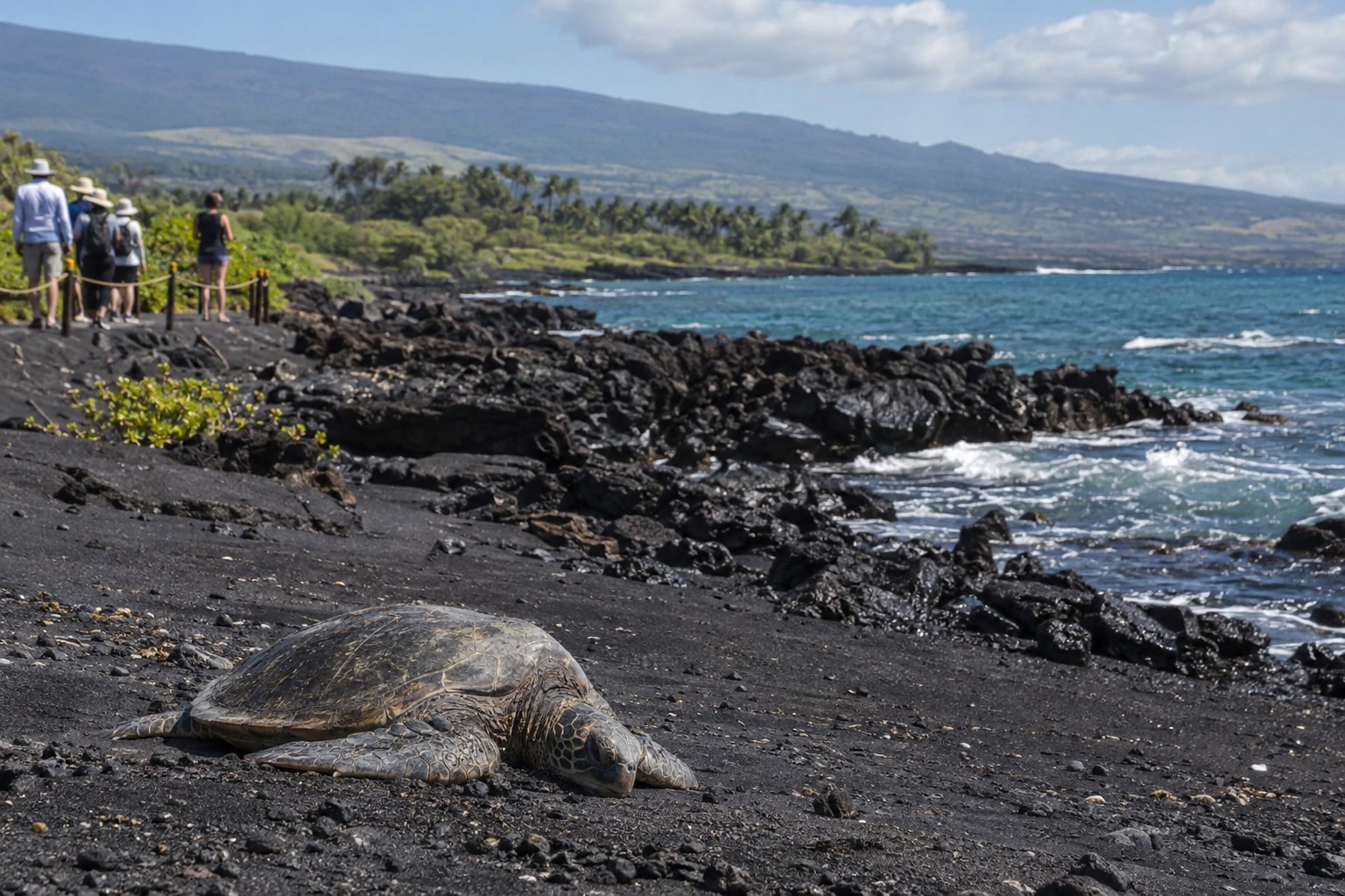 A green sea turtle hauled out on black volcanic sand with visitors standing well back on a rope-lined path