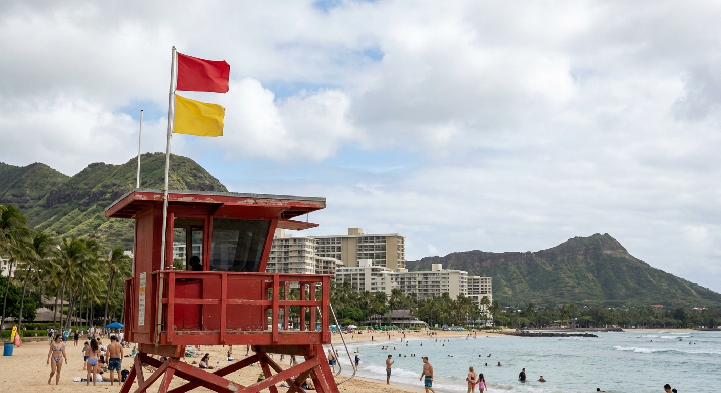 A red lifeguard tower with warning flags flying on a Hawaii beach