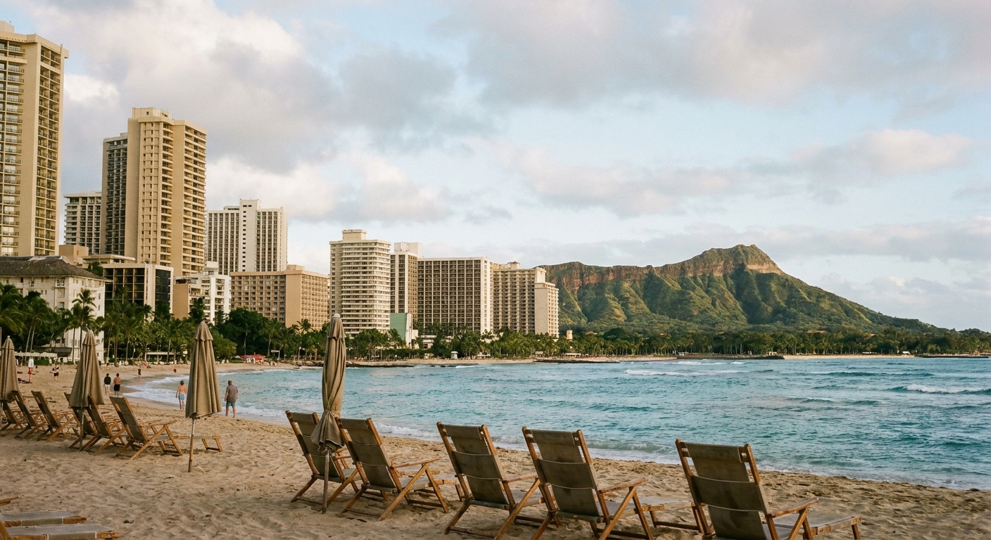 Beach chairs and high-rise hotels along Waikiki Beach with Diamond Head in the background
