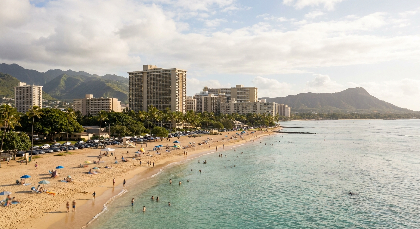 Waikiki Beach with hotel towers set two to three blocks back from the shoreline and Diamond Head crater in the distance