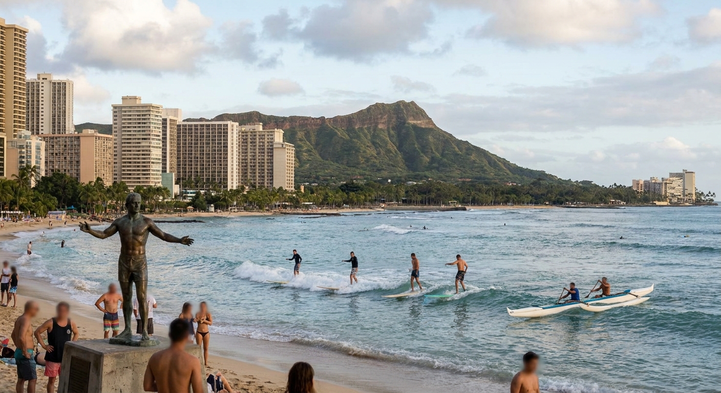 Surfers and an outrigger canoe riding a gentle wave toward Waikiki Beach with a bronze statue visible on the sand