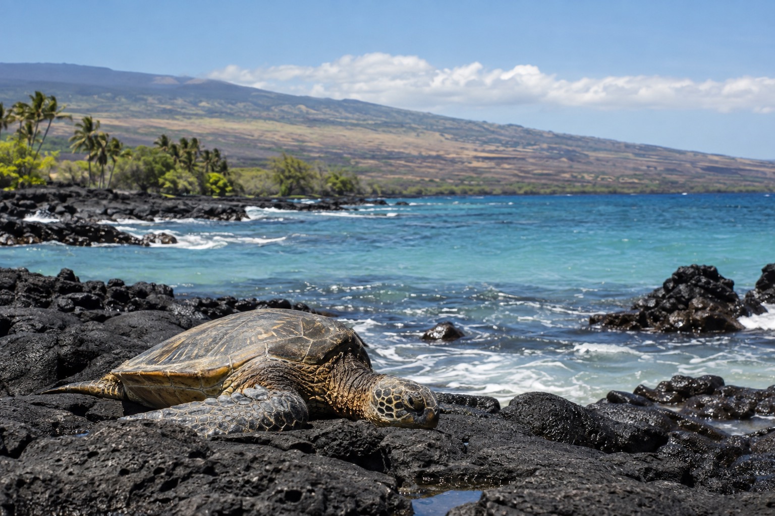Green sea turtle resting on black lava rock along a Kohala Coast beach