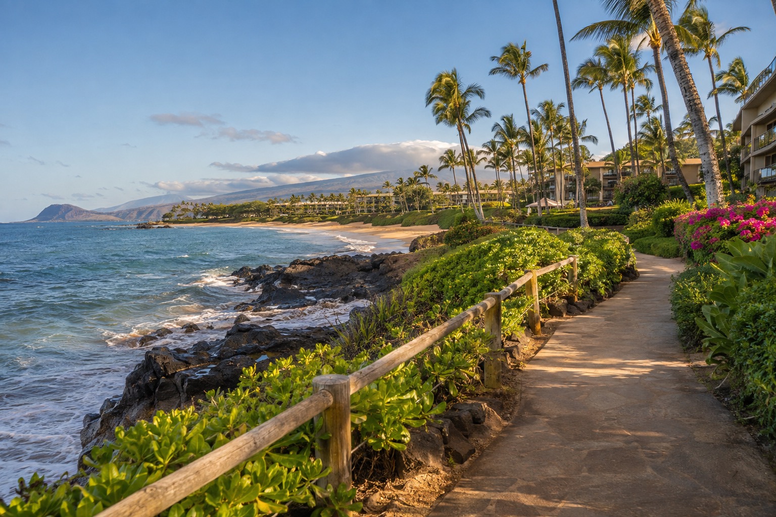 The paved coastal path running along the shoreline between Wailea's resort hotels and beaches