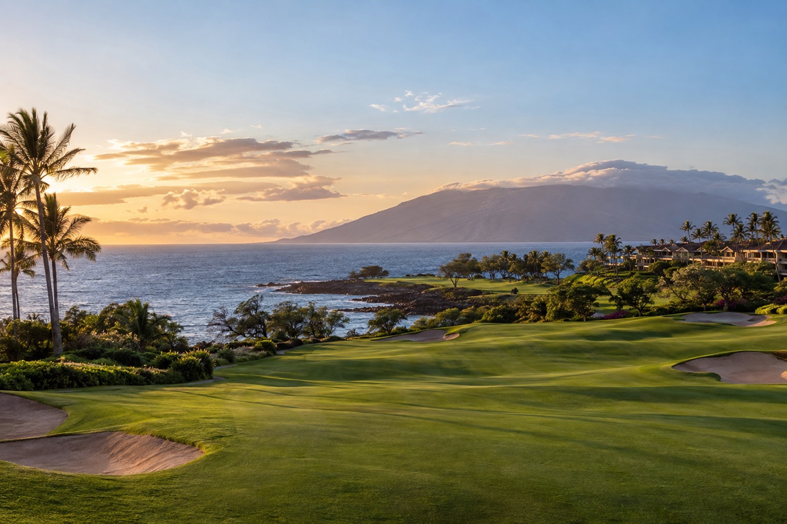 A golf fairway running toward the ocean at one of Wailea's three courses