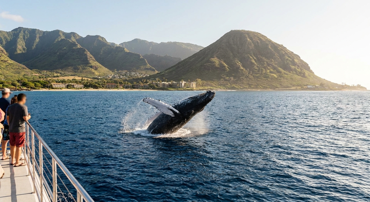 A humpback whale breaching in blue Hawaiian waters with a green coastline visible in the distance