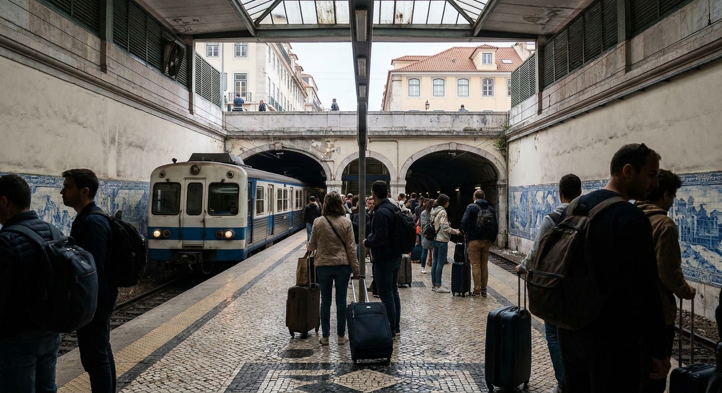 Travelers with rolling suitcases waiting on an underground metro platform as a train pulls in