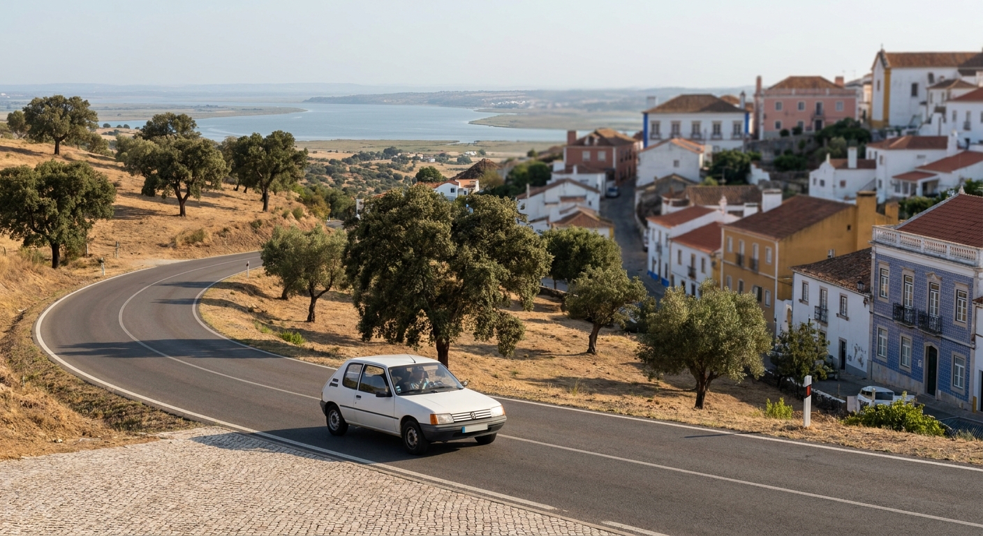 A small car on a quiet two-lane road crossing rolling Alentejo countryside dotted with cork oaks
