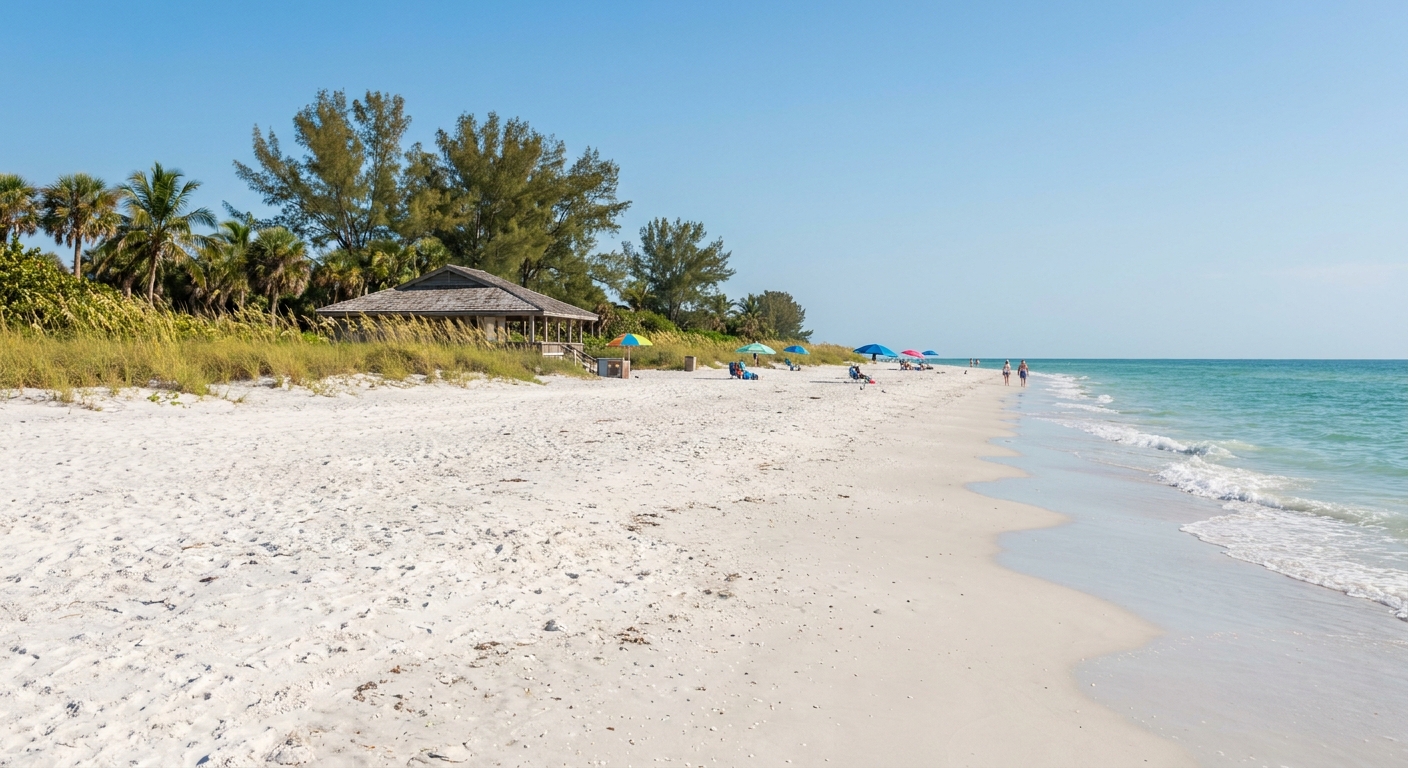Wide white-sand Gulf beach with low waves and scattered umbrellas under a clear sky