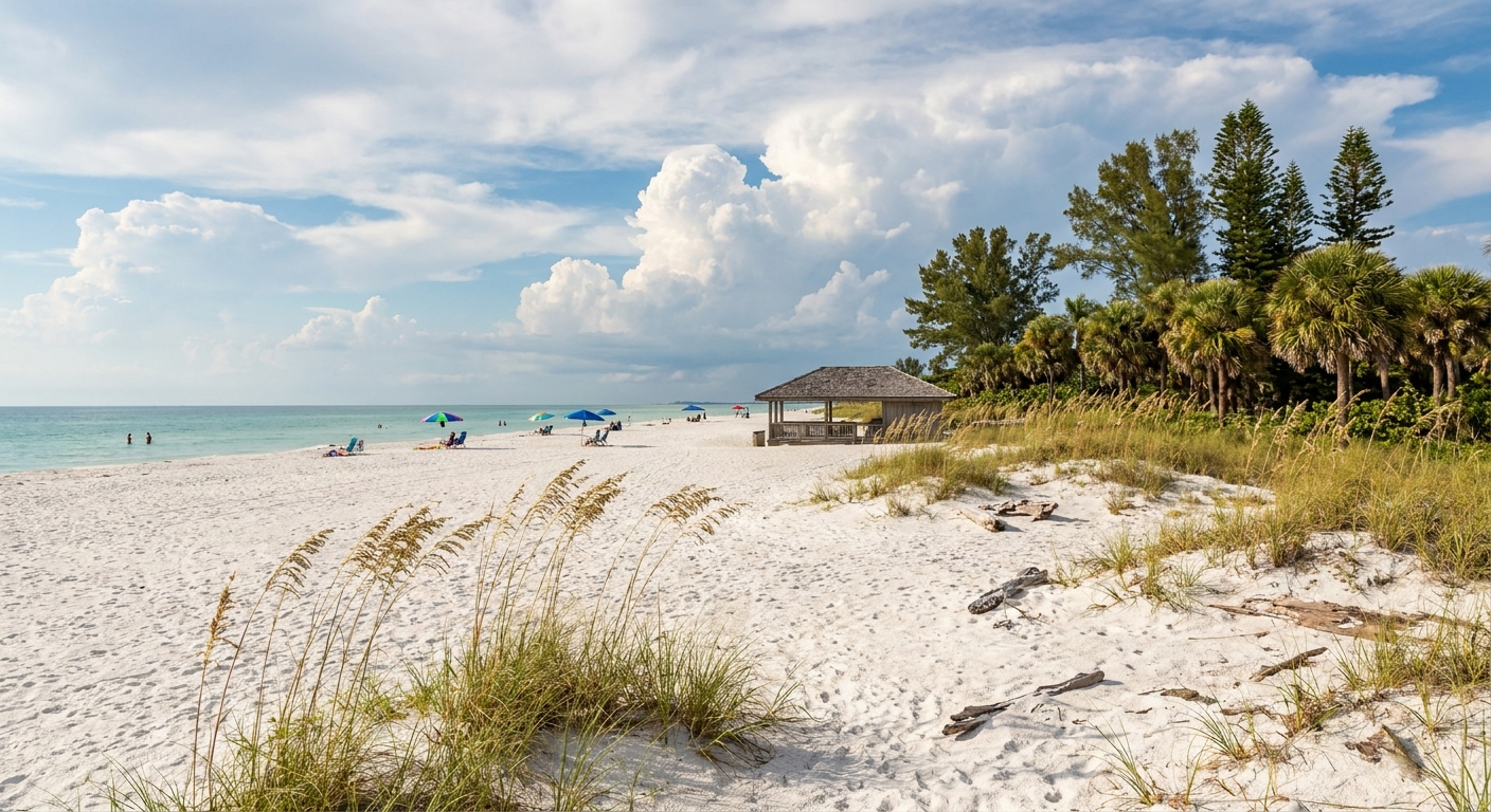 Wide white-sand beach and flat Gulf water under tall summer clouds