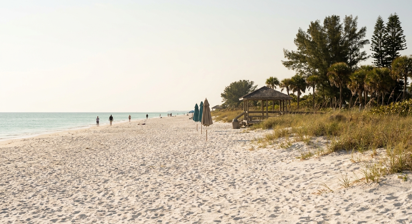 Wide white-sand Gulf beach with low winter sun and scattered walkers