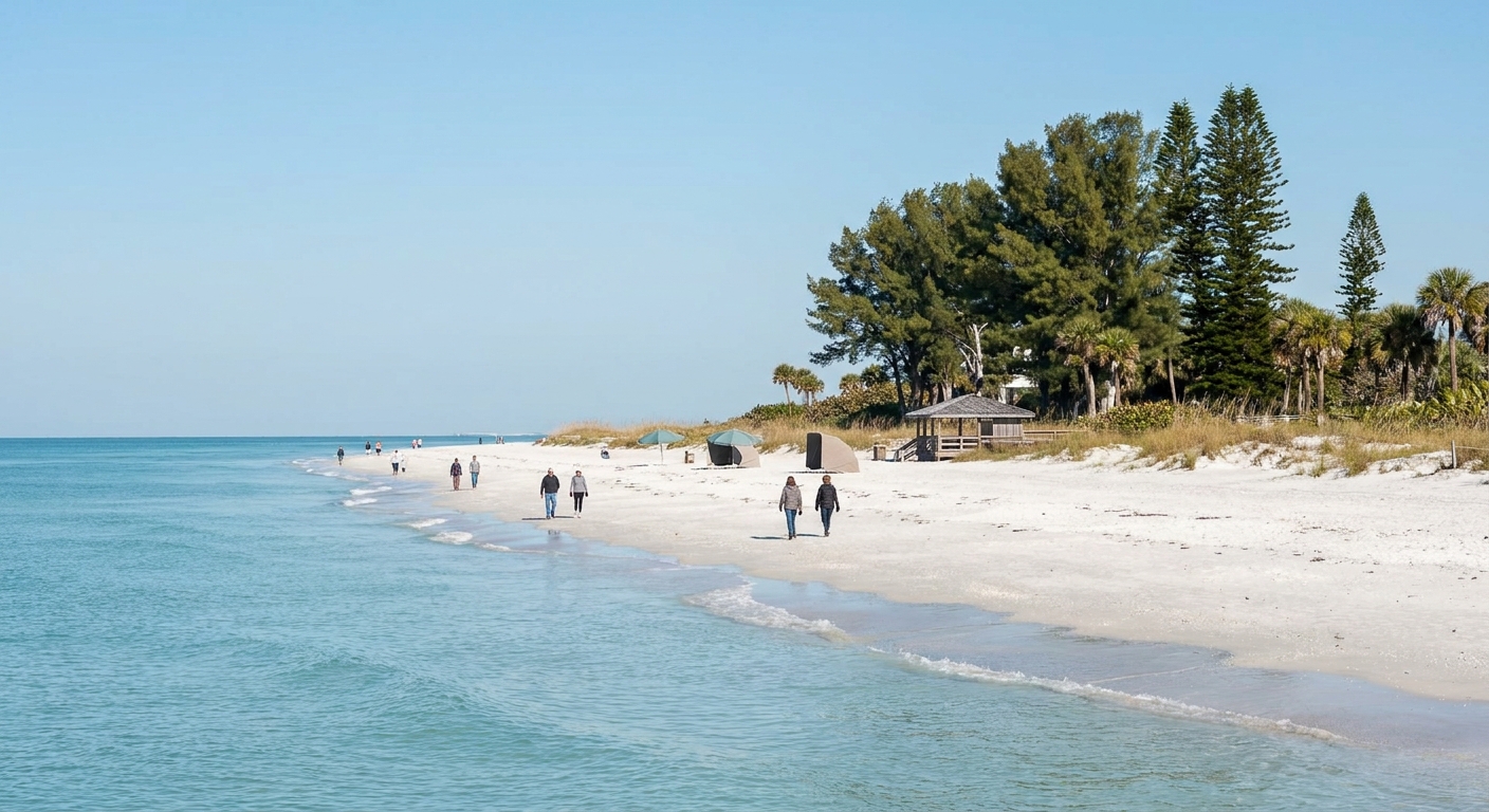 Wide flat sand beach on the Gulf coast with low waves and scattered walkers under a clear winter sky