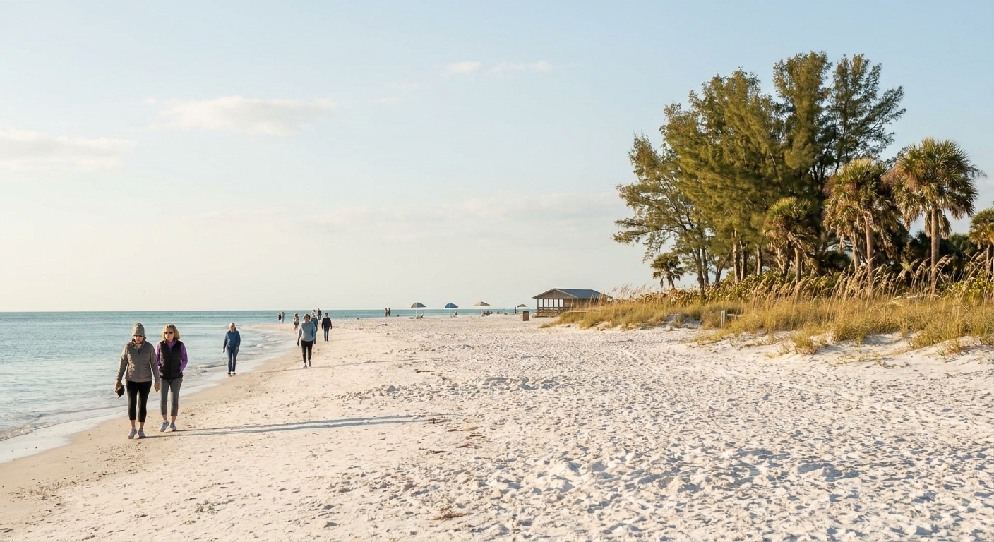 Wide white-sand Gulf beach with low winter sun and scattered walkers near the shoreline