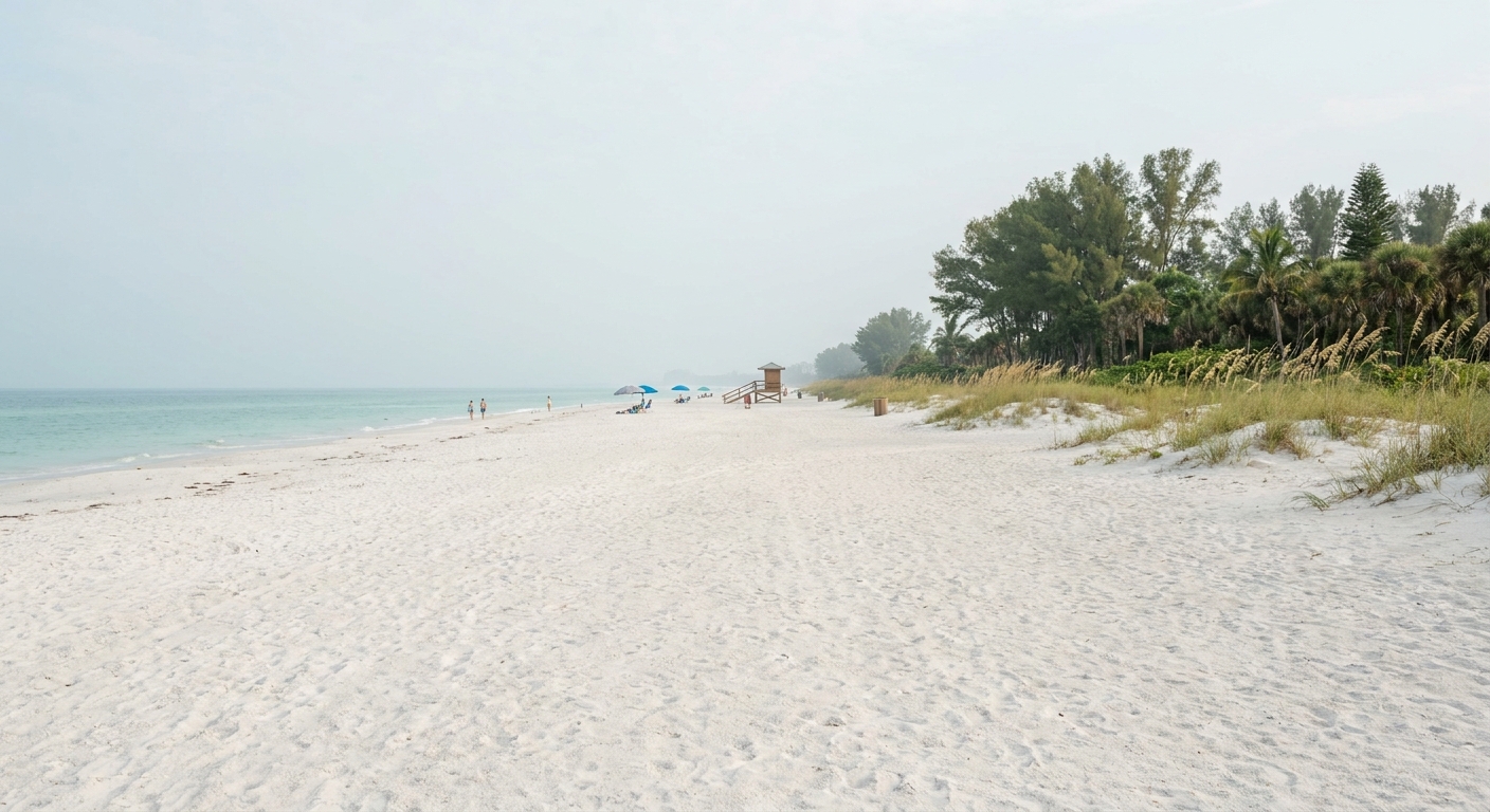 Wide white-sand beach and flat Gulf water under early morning summer haze