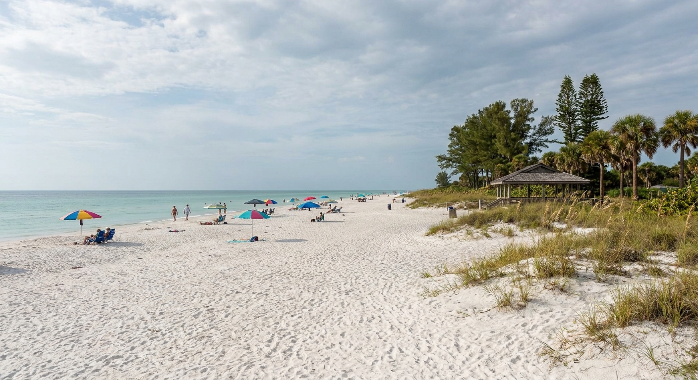 Wide white-sand Gulf beach with shallow turquoise water and scattered umbrellas under a partly cloudy sky