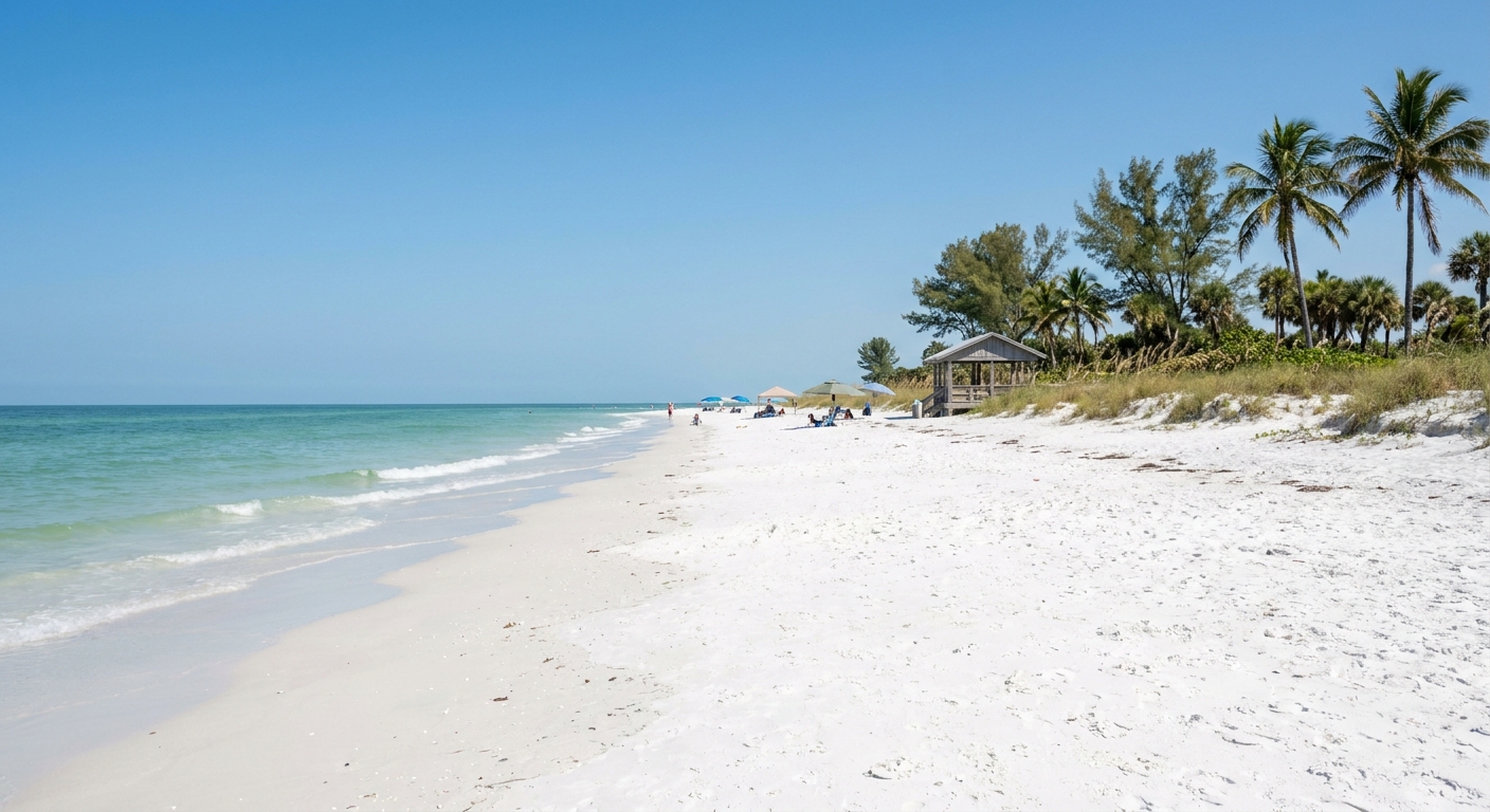 Wide pale sand beach on the Gulf of Mexico with shallow green water and low waves under a clear sky