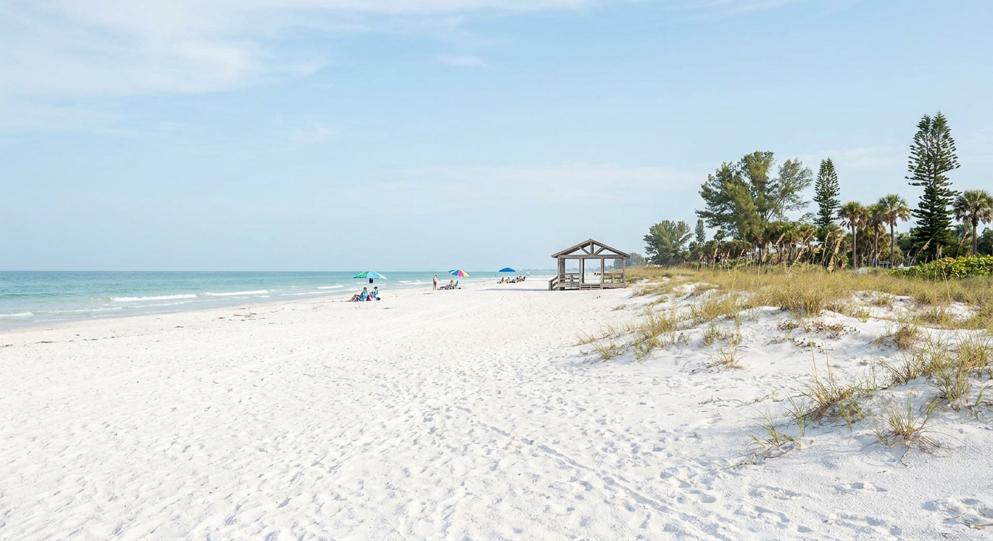 Wide white-sand Gulf beach with low waves, a few umbrellas and a bright high sky