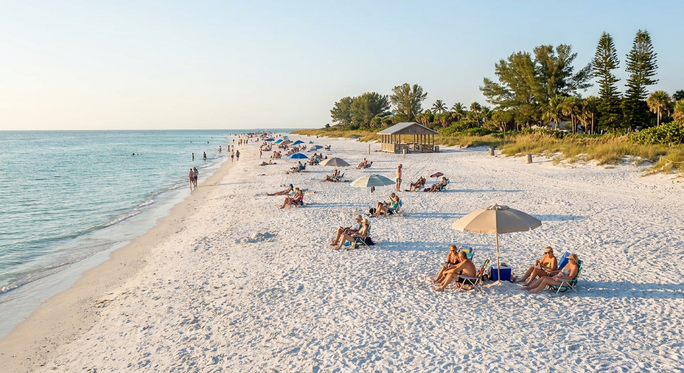 Wide flat sand beach on the Gulf of Mexico with low afternoon sun and scattered beachgoers