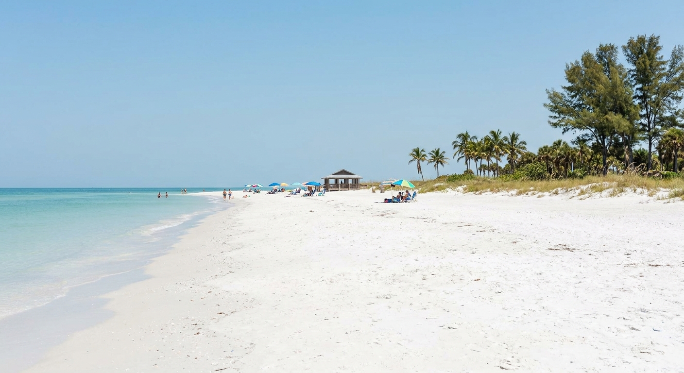 A wide Gulf beach with low dunes, calm shallow water and a clear sky