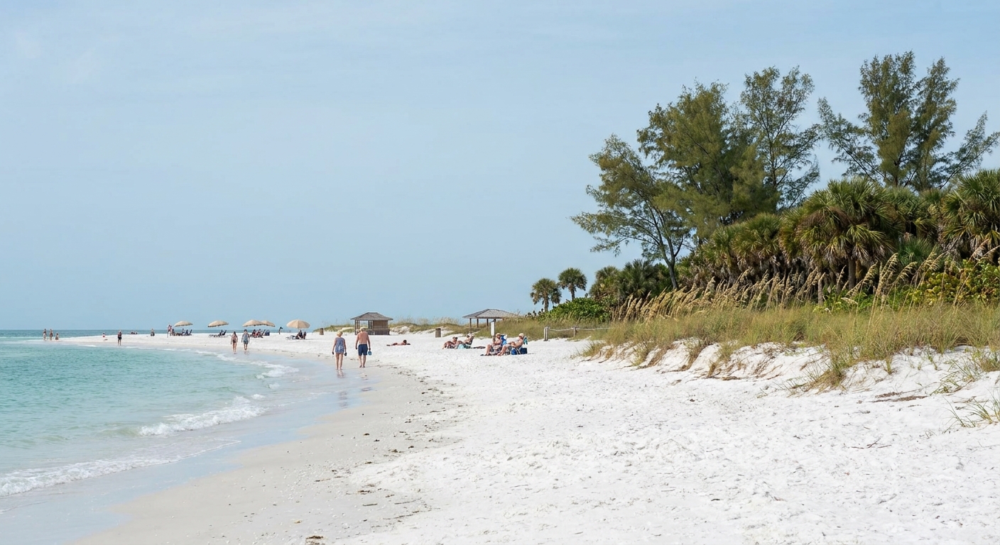 Wide white-sand beach on the Gulf coast with shallow turquoise water and a line of low dunes