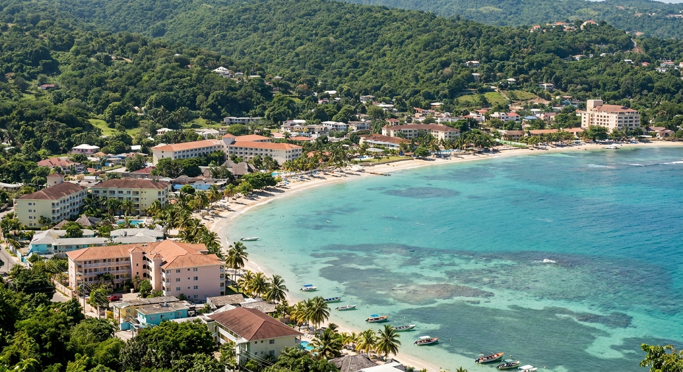 A curved bay with hotels along the shoreline and green hills rising behind the town