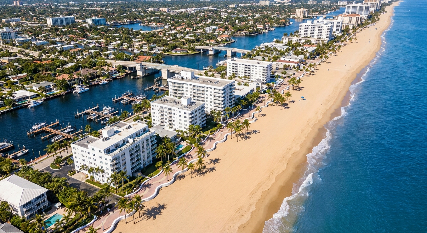 Aerial view of a wide Atlantic beach, oceanfront high-rises and an inland waterway on the southeast Florida coast