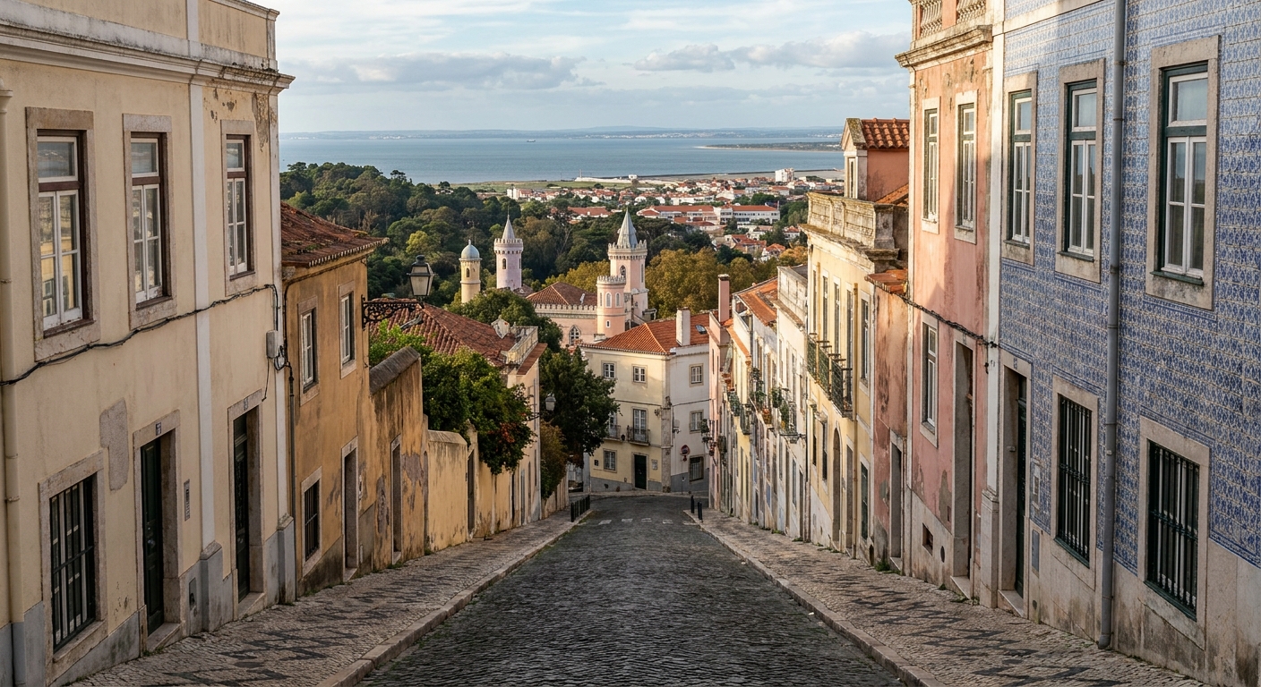 Colorful palace towers rising above wooded hills, with a flat coastal town and the Atlantic in the distance