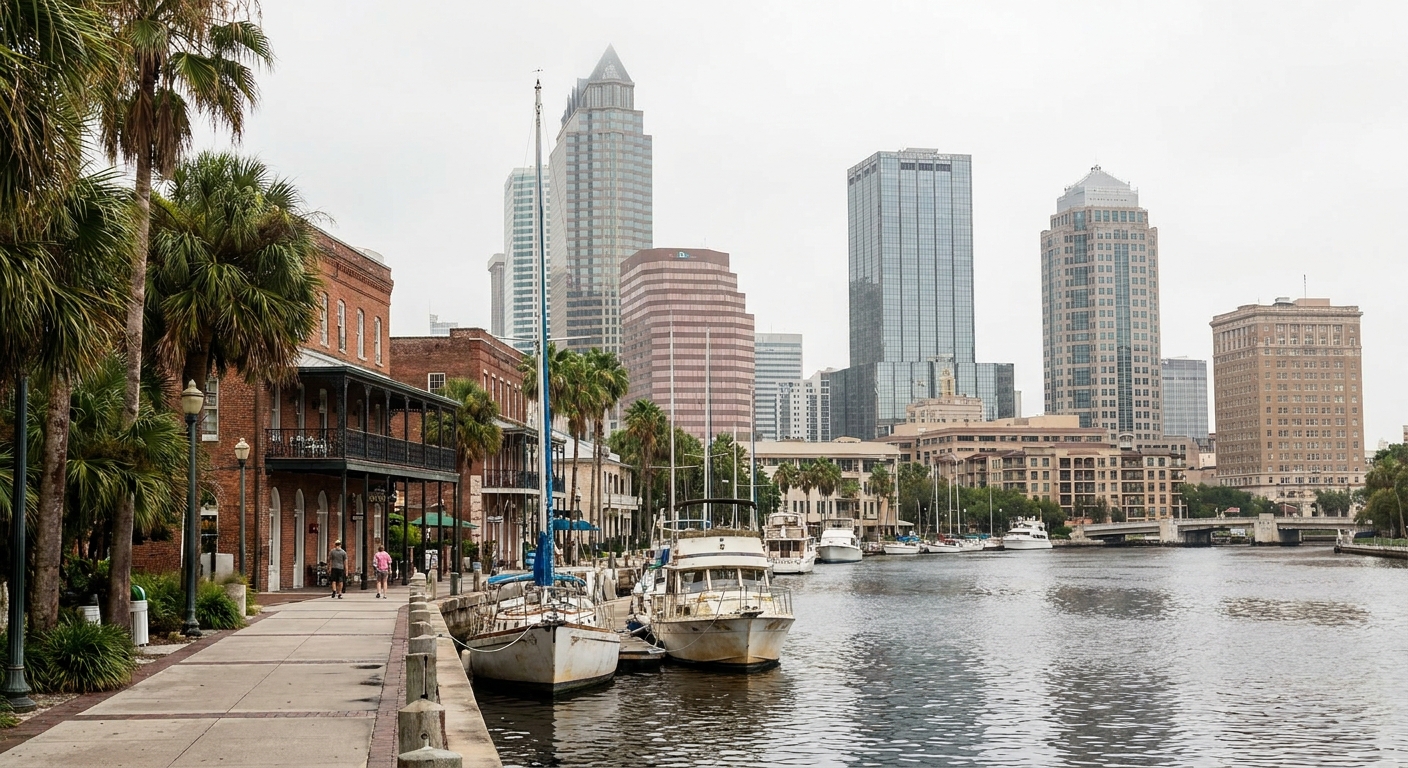 Boats moored on a wide river below a downtown skyline in Florida, with palms along the walkway