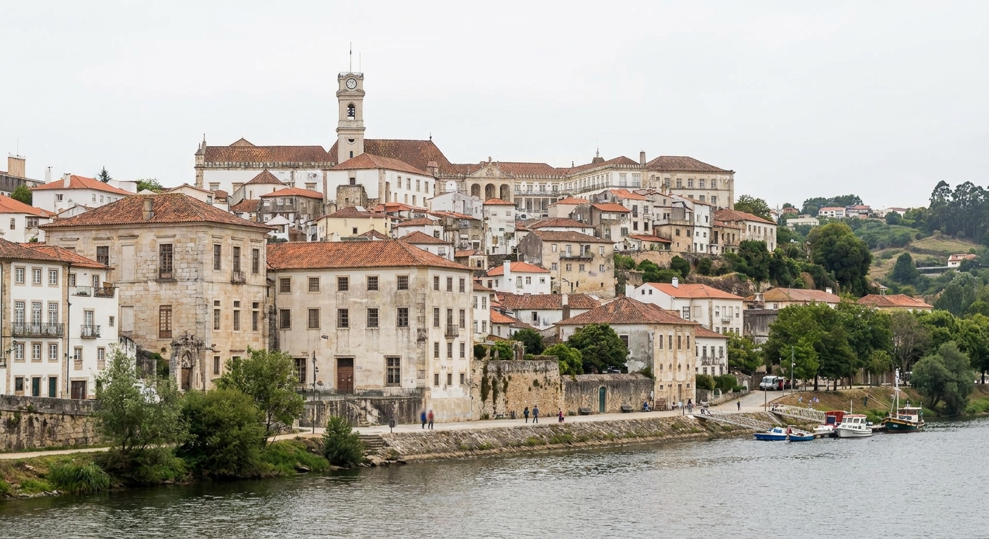 The university tower on the hill above Coimbra's old town seen from across the Mondego river