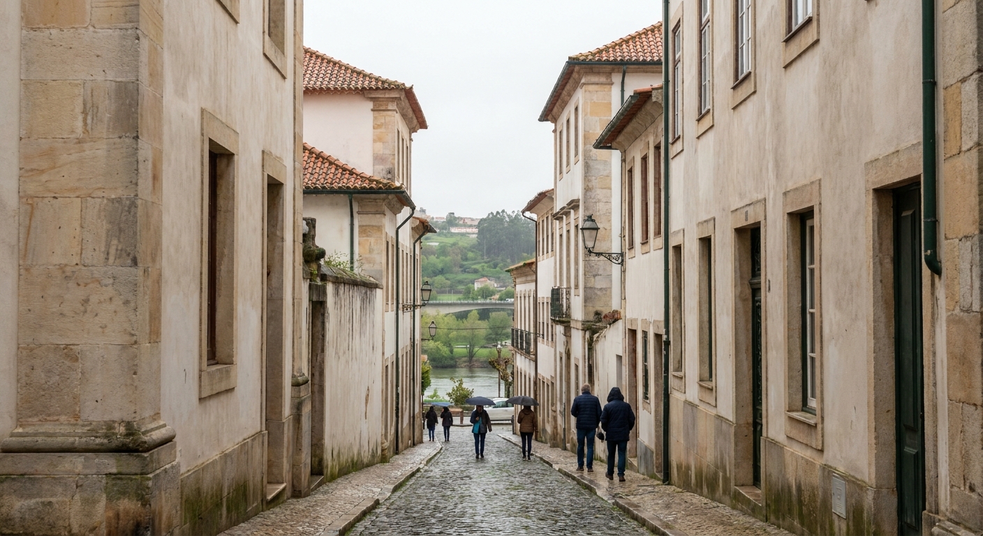 Stone college facades along a narrow street in Coimbra's old town on an overcast spring day