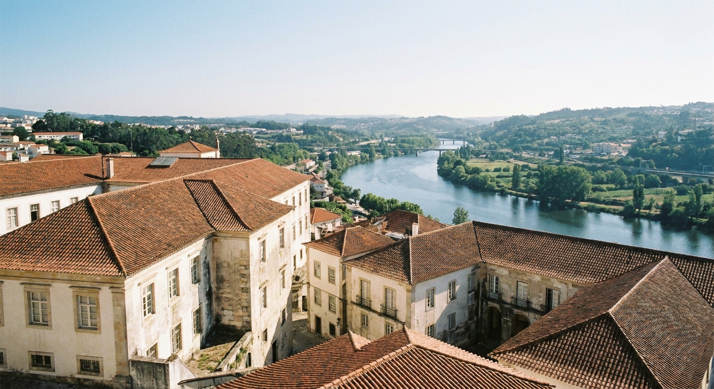 Stone university buildings on the hilltop above the Mondego valley in Coimbra under a clear summer sky