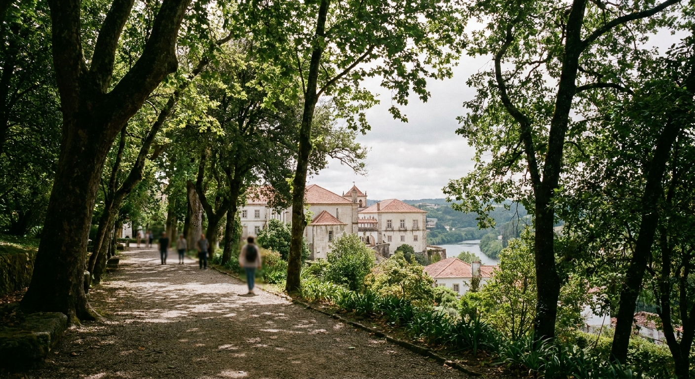 Shaded gravel paths under tall trees in the botanical garden of Coimbra