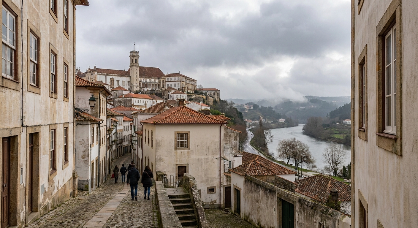 Stone lanes climbing toward the University of Coimbra above the Mondego river under winter cloud