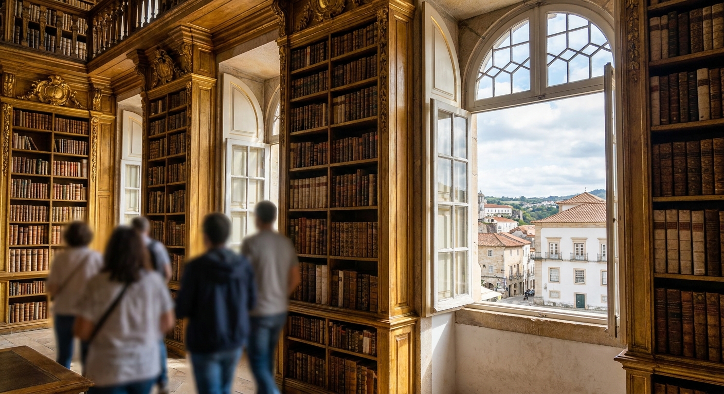 Baroque bookshelves and gilded woodwork inside a historic university library