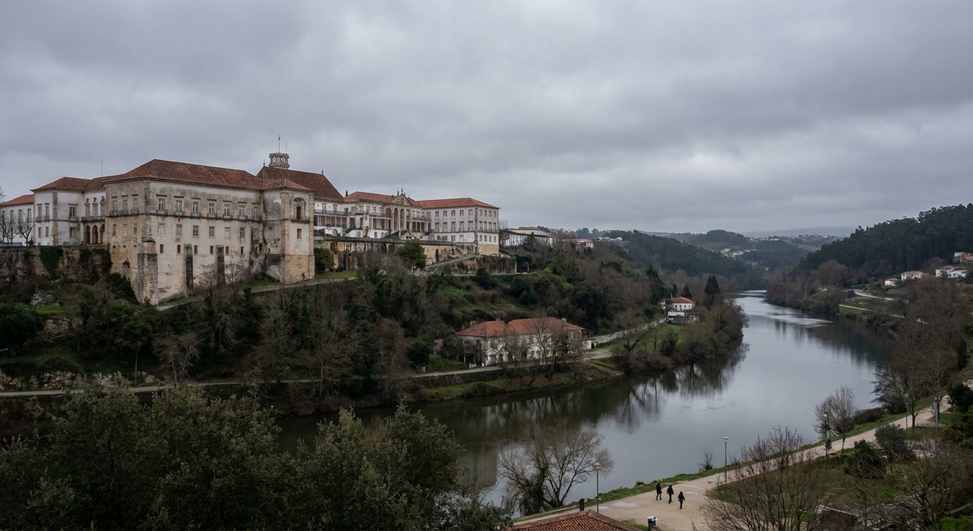 Stone university buildings on the hill above the Mondego river in Coimbra under a gray winter sky