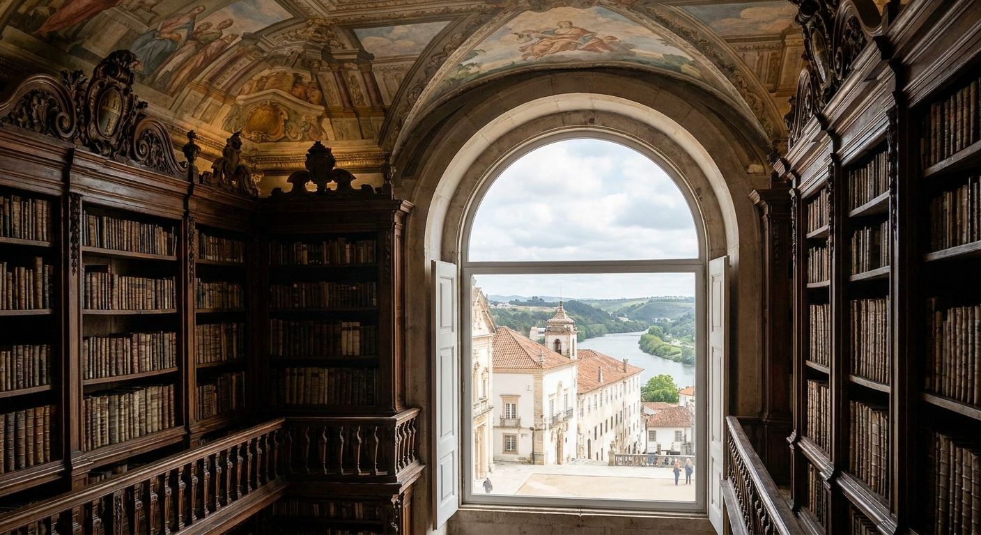 Baroque wooden shelving and painted ceiling inside the Joanine Library at the University of Coimbra