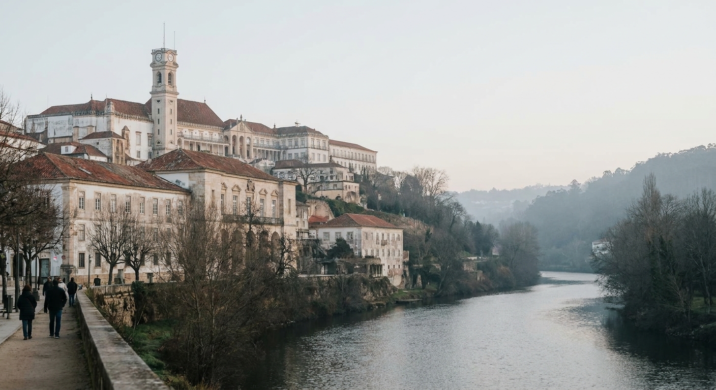 The university hill and its tower rising above the Mondego river under low winter light