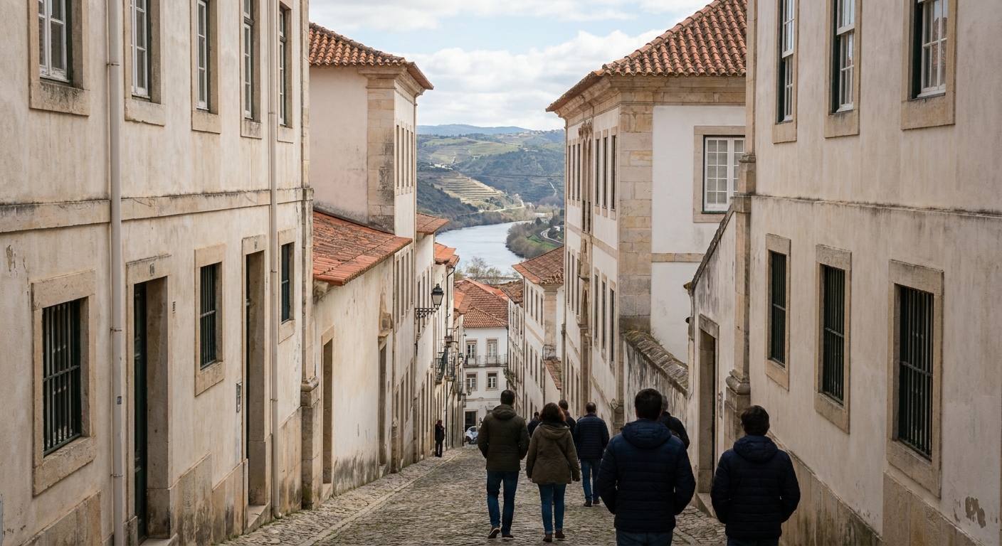 Stone college façades lining a narrow sloping street in the lower old town