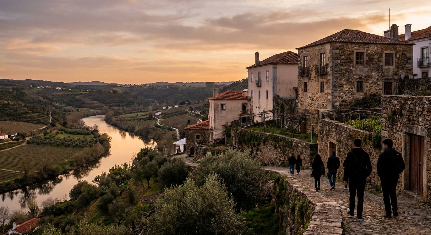 Stone university buildings on a hilltop above a river valley in late evening light