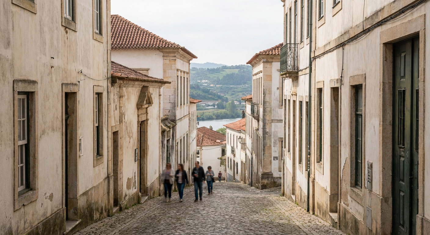 A narrow street lined with old college facades in the lower town of Coimbra