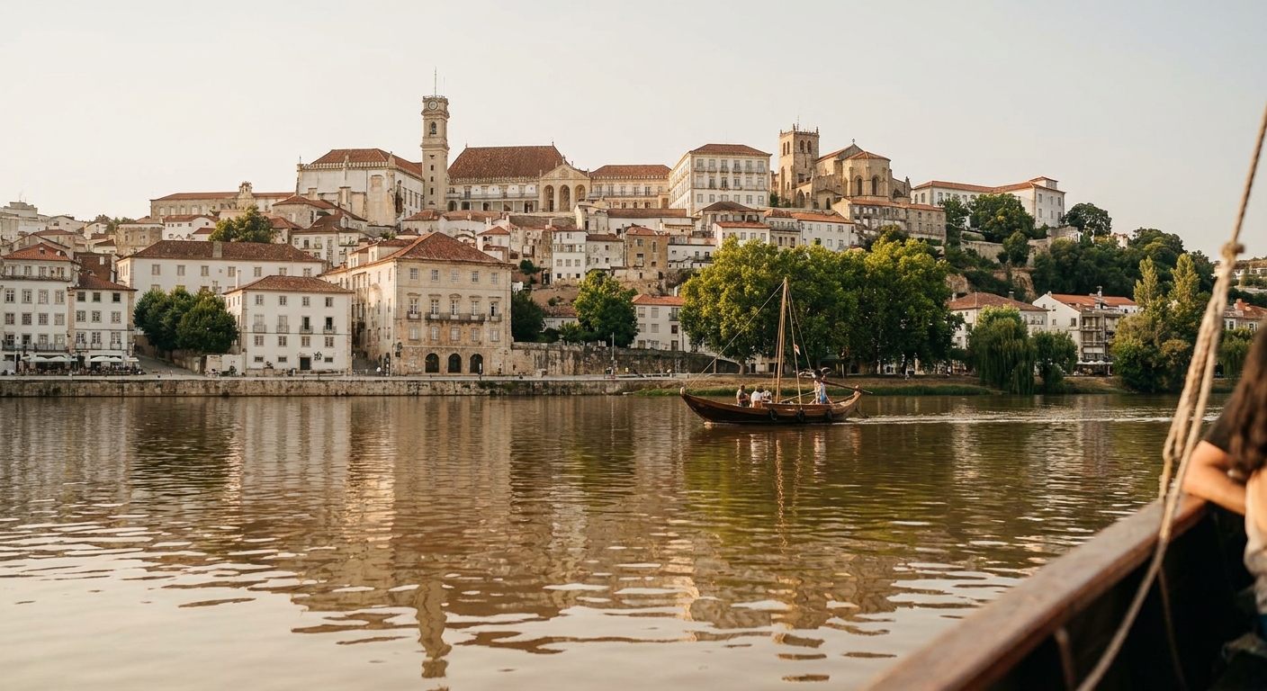 The university hill of Coimbra seen from the Mondego river in summer light
