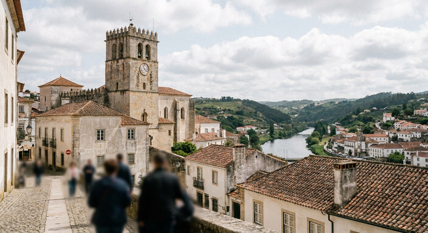 A stone university tower rising above tiled rooftops on a hill above a river town