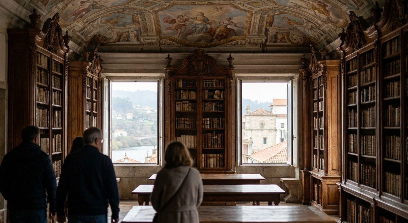 Baroque bookshelves and a painted ceiling inside a historic university library