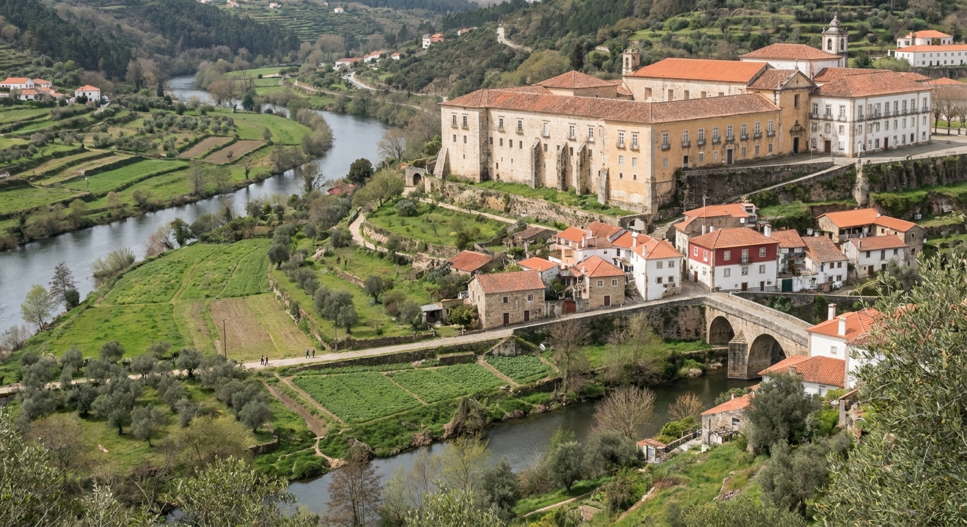 Hilltop university buildings above tiled rooftops and a river valley under spring light
