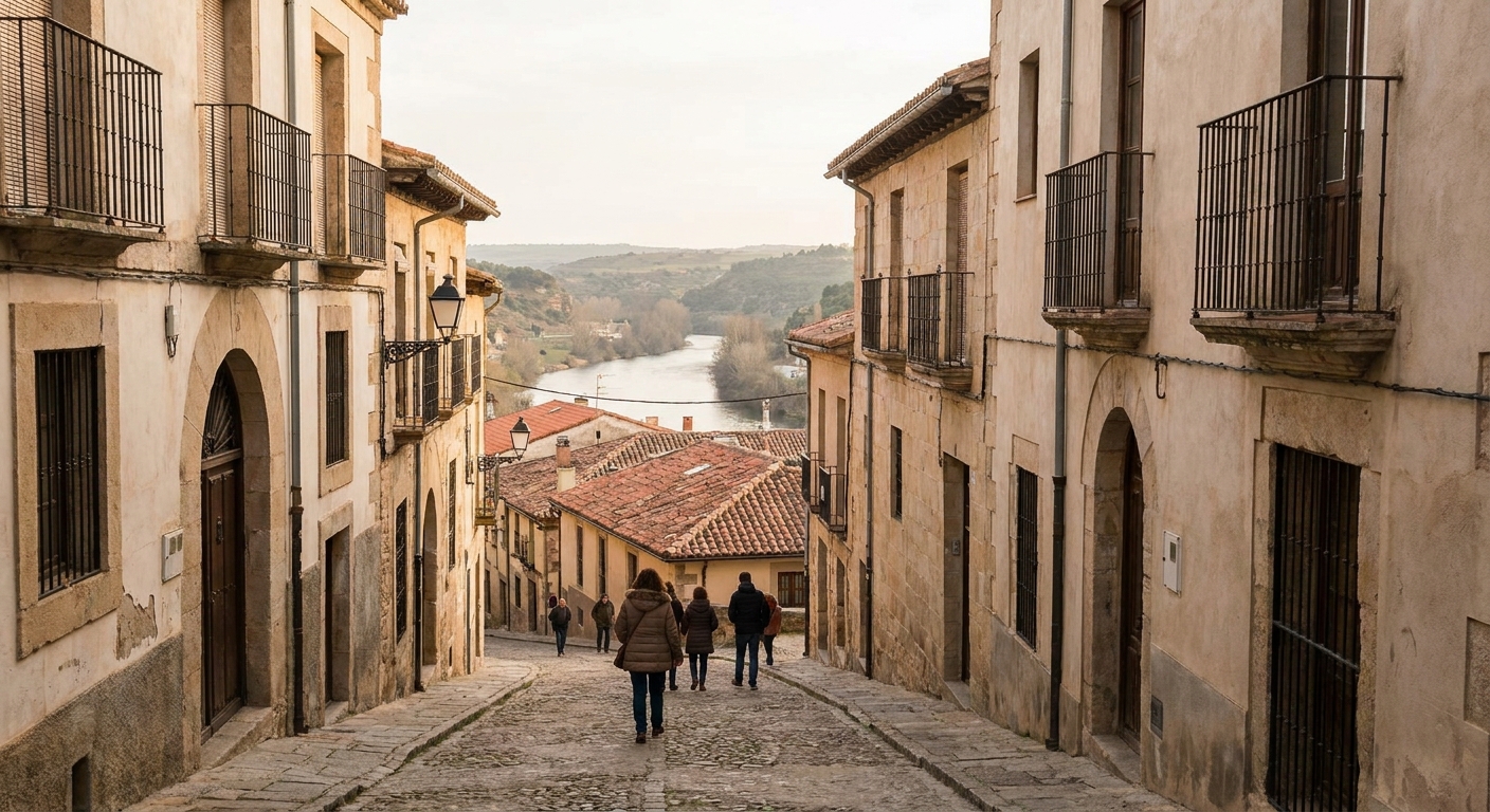 A narrow old-town street of stone college façades leading uphill in spring sunlight