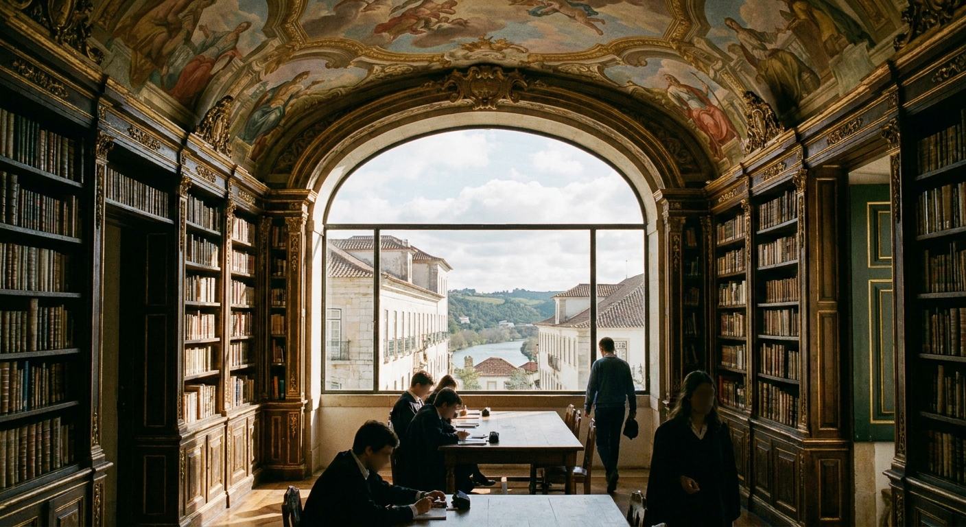Tall gilded wooden bookshelves and a painted ceiling in a baroque university reading room