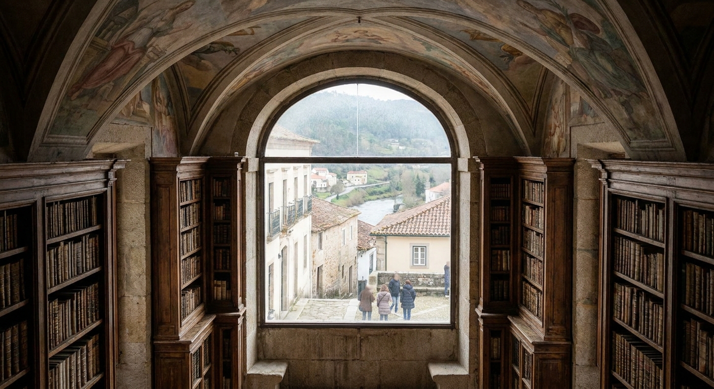 Tiered wooden bookcases and a painted ceiling inside a baroque library hall