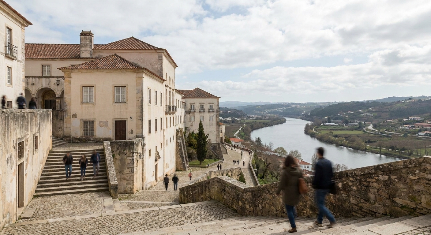 Stone stairways and old college buildings climbing the hill above the Mondego river in Coimbra
